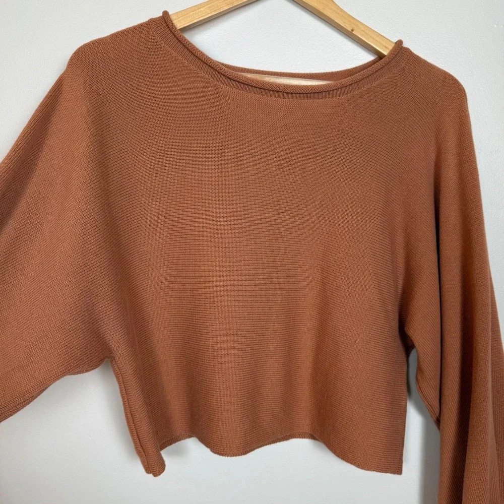 By Together Womens M Rust Brown Cropped Sweater Balloon Sleeve Cotton Knit Boho